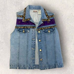 Vintage Bill Blass 2000 Jean Vest Jacket  Denim Aztec Southwest Women's Sz S Y2K